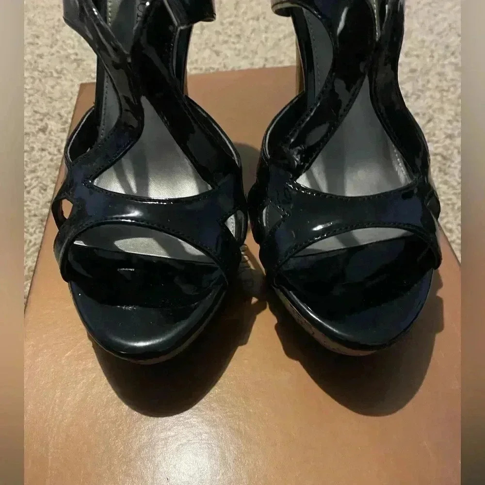 Audrey Brooke Shiny Black Cork Heeled Shoes Sz 8 - Picture 2 of 12